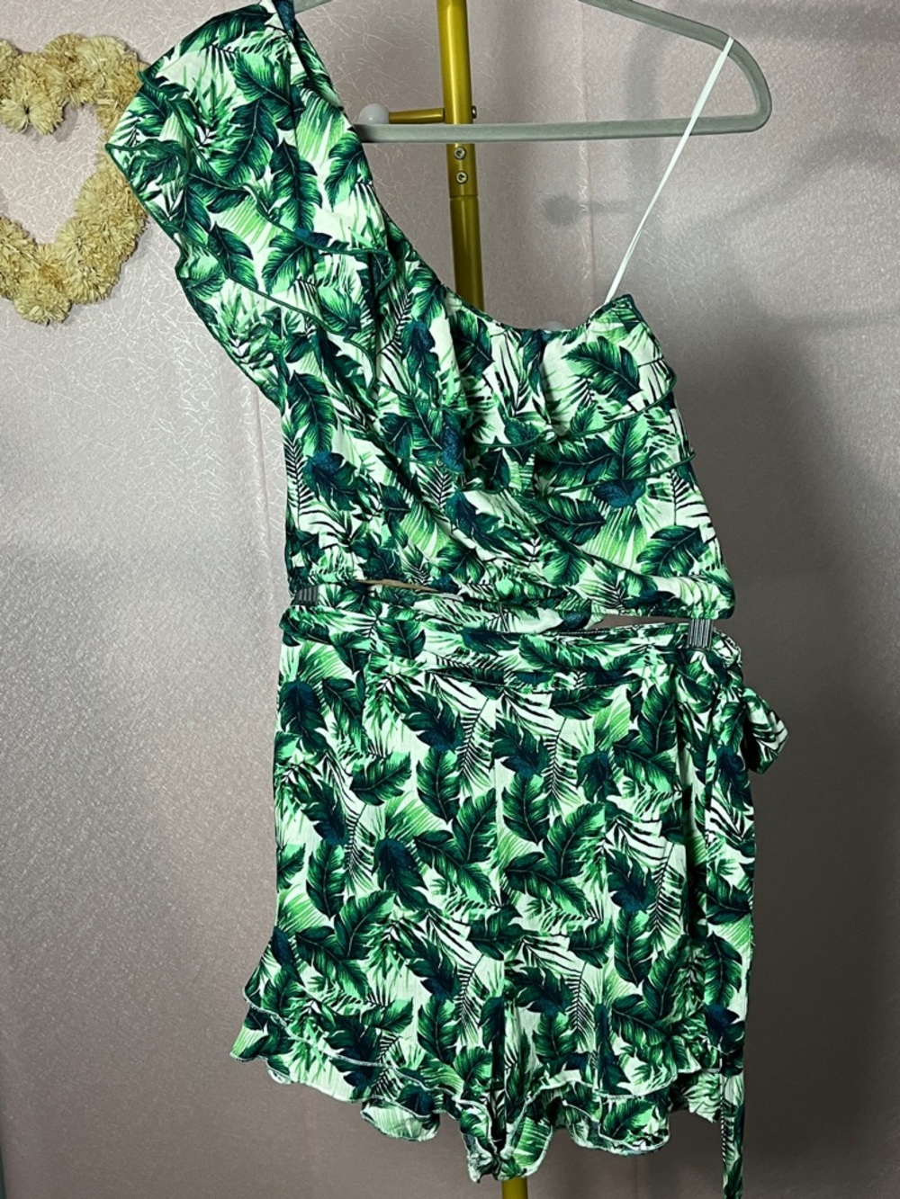 One-Shoulder Green Tropical Leaf Romper with Tie Waist